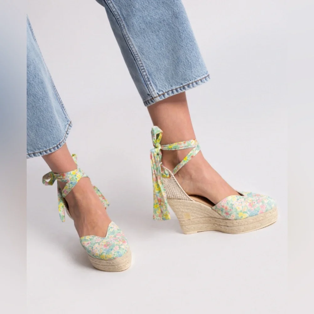 Loveshackfancy x Manebi Ankle-Tie Floral Suede Platform Espadrilles NWOT Size 40